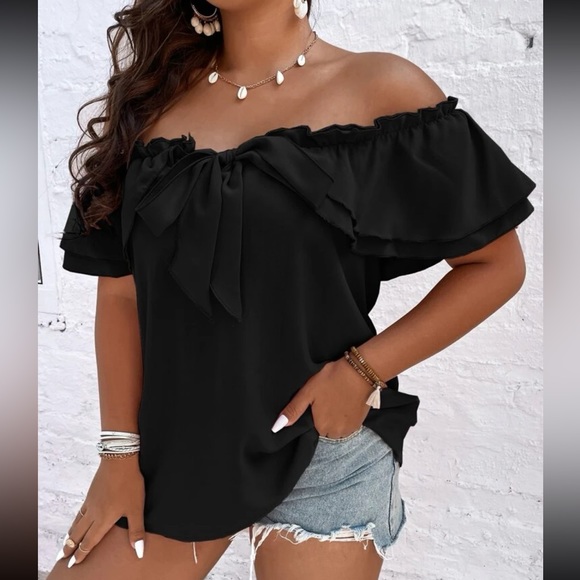 Plus black off shoulder knot front blouse - Picture 3 of 15